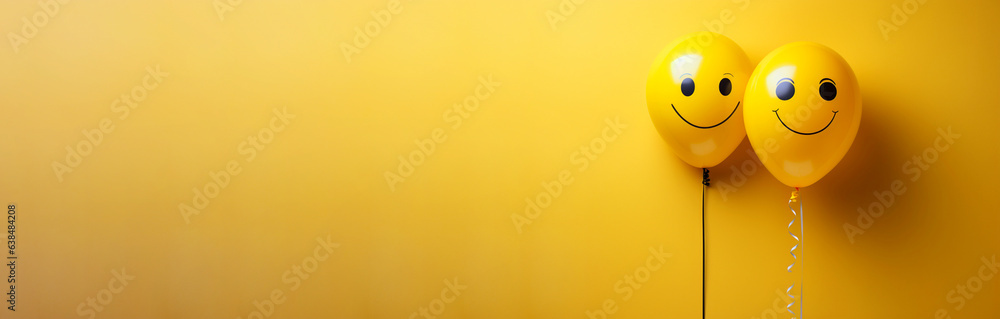 Happy positive family emotion concept. Two heart-shaped balloons, two smiling balloons. Yellow balloons with emoji smile on yellow background empty space for text, copy paste. Generative AI - obrazy, fototapety, plakaty 