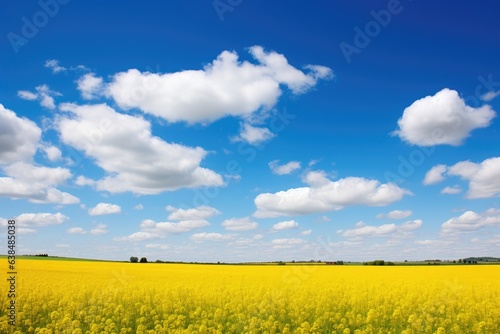 Rural landscape with yellow field against blue sky with white clouds.