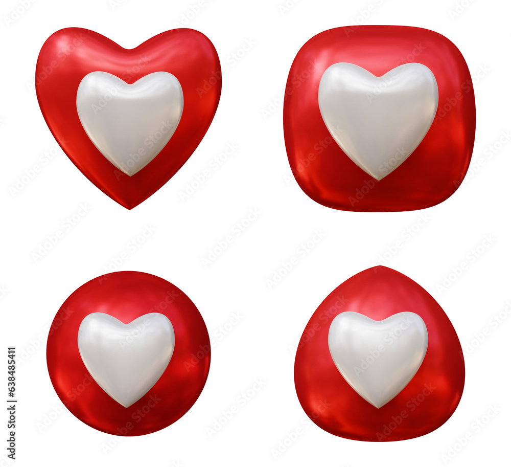 Set of red and white heart or love icon for social media isolated on transparent background in 3d rendering