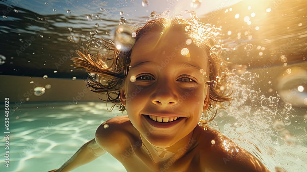 Cute smiling boy having fun swimming and diving in the pool at the resort on summer vacation. Sun shines under water and sparkling water reflection. Activities and sports to happy kid - obrazy, fototapety, plakaty 