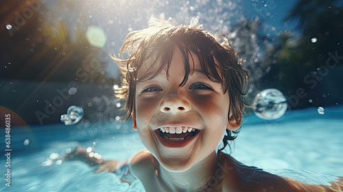 Cute smiling boy having fun swimming and diving in the pool at the resort on summer vacation. Sun shines under water and sparkling water reflection. Activities and sports to happy kid © pinkrabbit