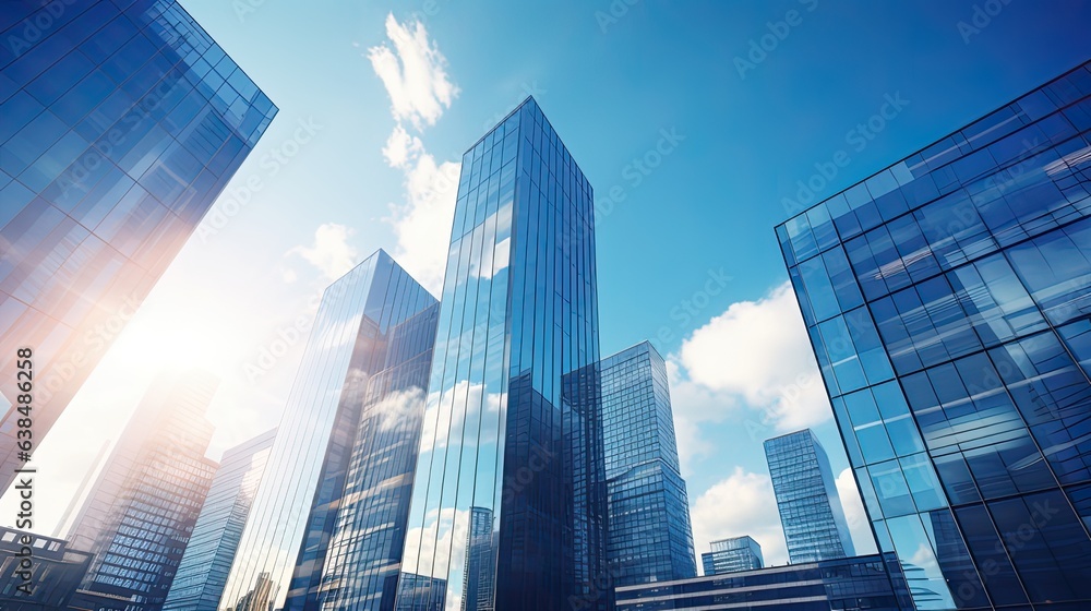 Modern office building or business center. High-rise windor buildings made of glass reflect the clouds and the sunlight. empty street outside  wall modernity civilization. growing up business