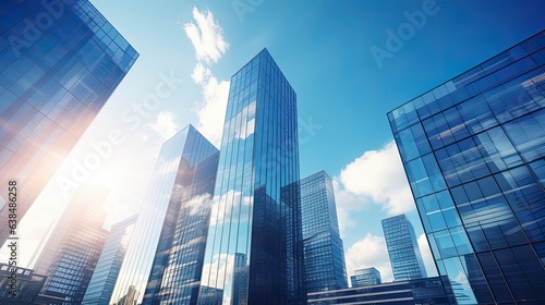 Modern office building or business center. High-rise windor buildings made of glass reflect the clouds and the sunlight. empty street outside wall modernity civilization. growing up business