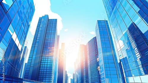 Modern office building or business center. High-rise windor buildings made of glass reflect the clouds and the sunlight. empty street outside  wall modernity civilization. growing up business