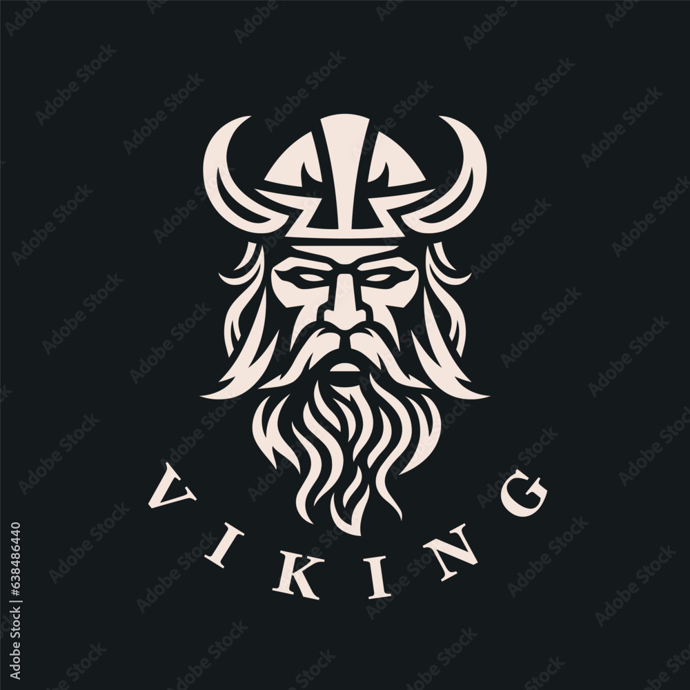 Nordic viking logo. Norse warrior icon. Horned barbarian helmet symbol. Norseman Odin emblem. Vector illustration.