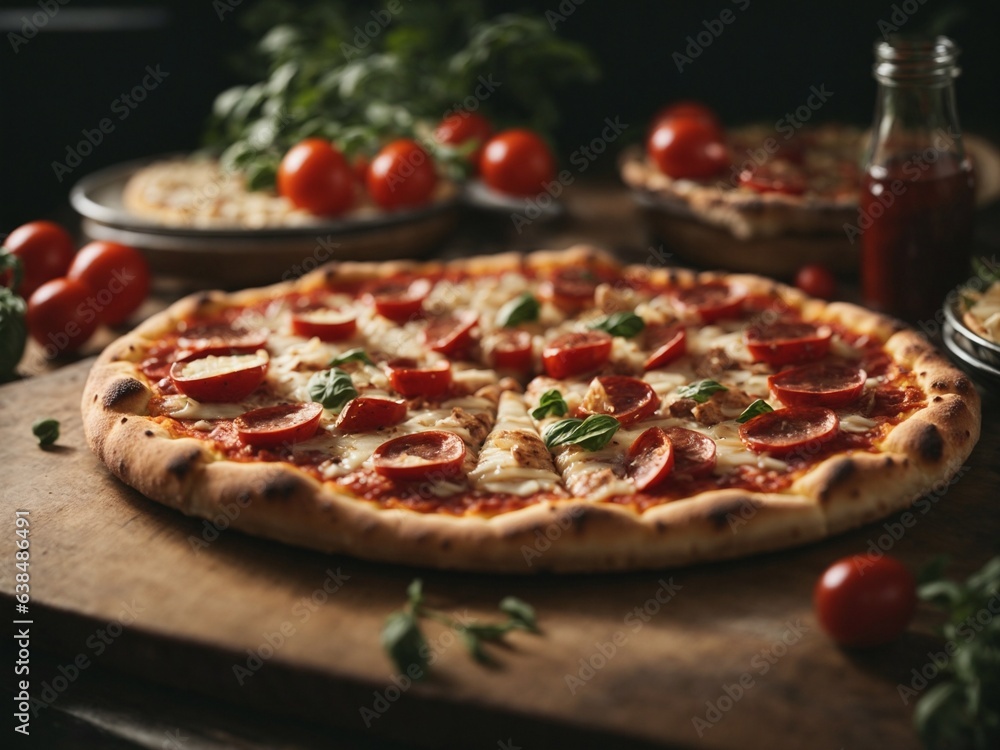 Pizza with salami and tomatoes