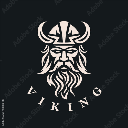 Nordic viking logo. Norse warrior icon. Horned barbarian helmet symbol. Norseman Odin emblem. Vector illustration.