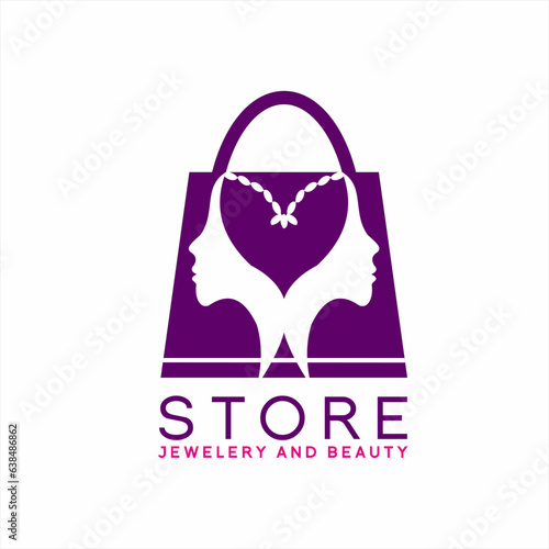 Shopping bag logo design. Illustration of shopping bags with two beautiful women and jewelry. Suitable for online Jewellry and cosmetics store identities.