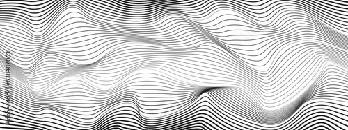 Black and white dynamic wavy lines. Abstract technology background. Monochrome striped pattern. Vector thin squiggle curves. Modern art design. Concept of internet connection. Ai format