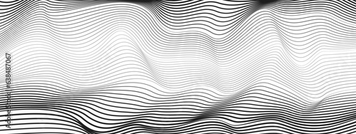 Black and white wavy thin lines. Abstract technology background. Monochrome texture with gradient. Striped pattern. Vector squiggle curves. Modern art design. Concept of Aether theories. Ai format