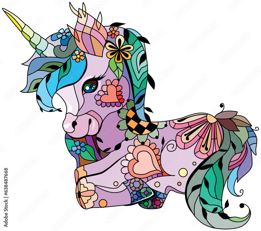 Naklejka premium Cute cartoon unicorn. Fantastic animal. Colorful image. For the design of prints, posters, stickers, tattoos.