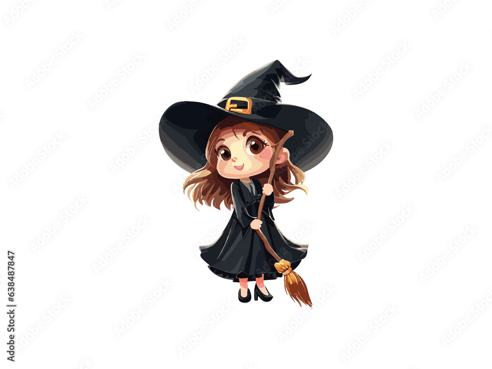 Cute Witch Girl with flowers, Watercolor Halloween Concept, PNG Clipart.	