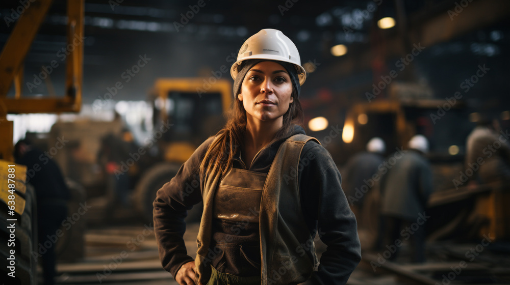 A strong and resilient female worker, amidst a busy construction site, Labor Day, showing the hard work and dedication of workers A strong and resilient female worker, amidst a busy construction site, Labor Day, showing the hard work and dedication of workers