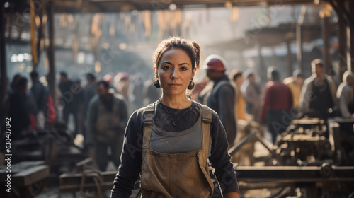 A strong and resilient female worker, amidst a busy construction site, Labor Day, showing the hard work and dedication of workers