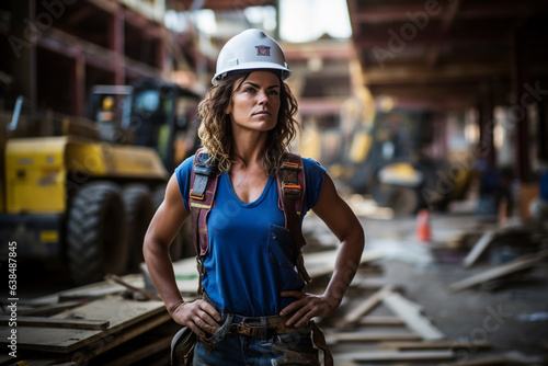 A strong and resilient female worker, amidst a busy construction site, Labor Day, showing the hard work and dedication of workers
