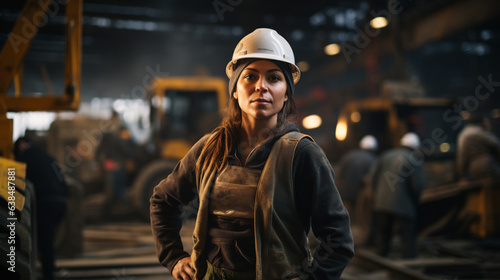 A strong and resilient female worker, amidst a busy construction site, Labor Day, showing the hard work and dedication of workers