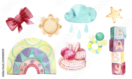 Set of cute watercolor elements. Watercolor elements for newborns