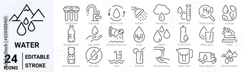 water linear icon collection. Drop Water, Mineral Water, Low and High Tide, Shower, Plastic Bottle and Glass. Editable stroke. Vector illustration