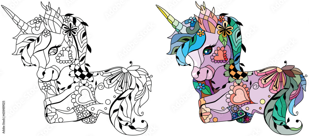 Cute cartoon unicorn. Fantastic animal. Black and white, linear, image. For the design of prints, posters, stickers, tattoos. Color and outline set