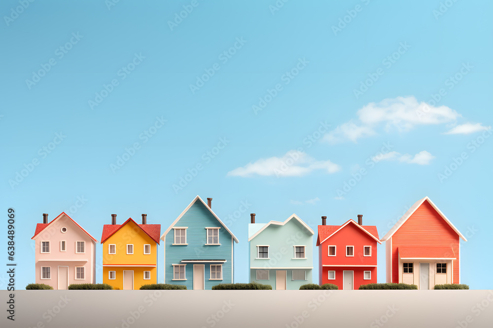 Colored houses on blue background. Real estate concept