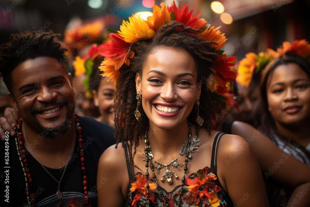 Cultural Fusion. People from diverse backgrounds mingling in a street festival embody the fusion of influences in My Latin America. Generative Ai.