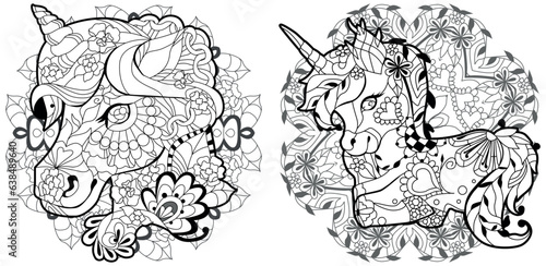 Set of cute cartoon unicorns on mandalas. Fantastic animal. Black and white, linear, image. For the design of prints, posters, stickers, tattoos.