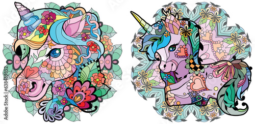 Set of cute cartoon unicorns on mandalas. Fantastic animal. For the design of prints, posters, stickers, tattoos.
