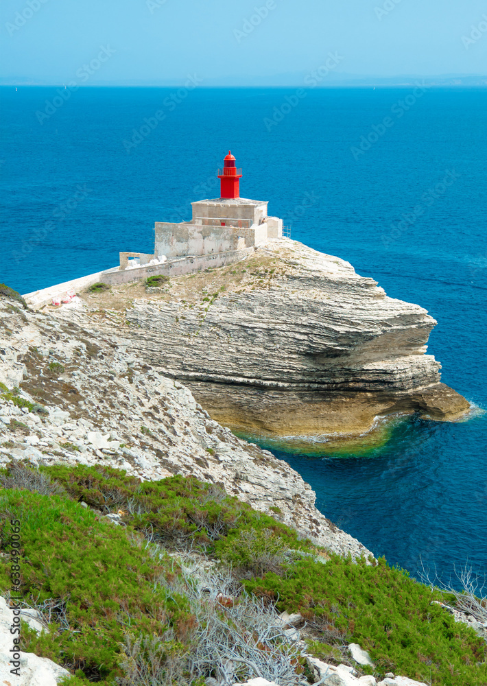 Bonifacio (Corse, France) - Corsica is a big french island in Mediterranean, beside Italy. Here the town of Bonifacio with plages Fazzio, Saint Antoine, Santa Giulia; phare Pertusatu and Madonenetta