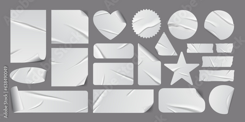 Set of realistic white glued adhesive paper or plastic sticker label with peeling corner and wrinkle effect. Torn paper, grunge tape or sticky note 3d pattern mockup. Social media business clip art.
