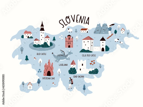 Slovenia hand drawn map with attractions, travel destinations.