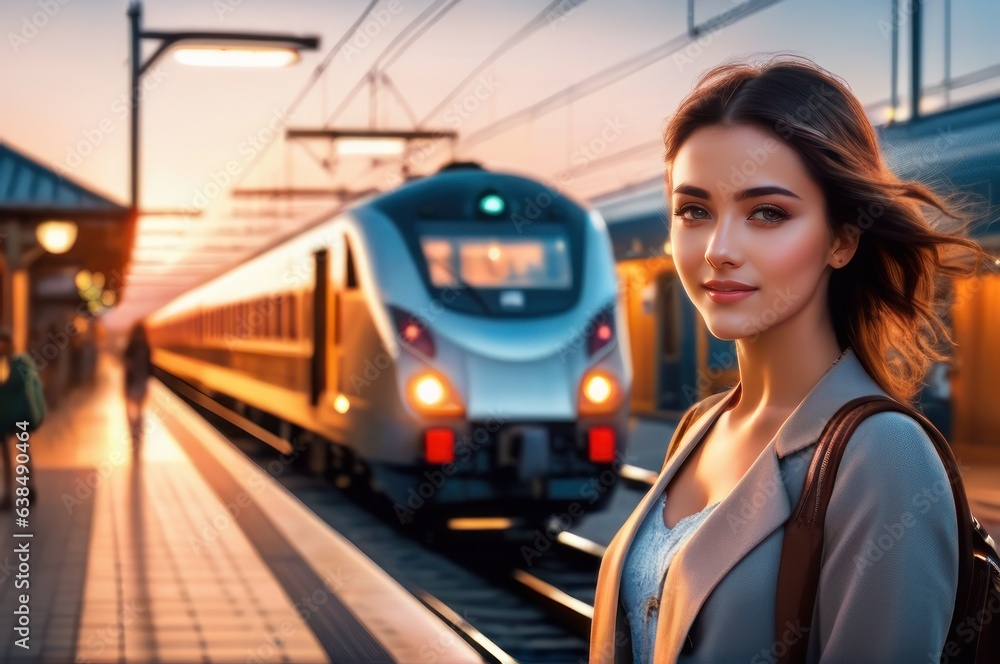 happy beautiful girl on railway station perron at summer dusk. Travelling and vacations concept. happy beautiful girl on railway station perron at summer dusk. Travelling and vacations concept.