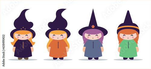 Cute snile  Halloween Kids set, children in Halloween costume vector illustrations, witch children's character set for kids, Halloween characters photo