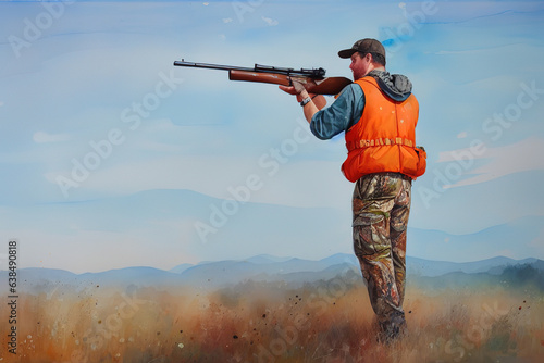Hunter man in camouflage with a gun during the hunt in search of wild birds or game, generative ai
