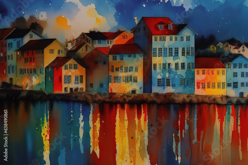 Multi-colored houses of the European street are reflected in the river, the old city, generative ai.