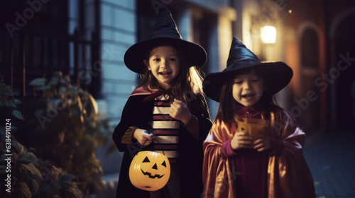 Group of smiling children in Halloween costumes. Happy kids are ready for a trick or treat party.