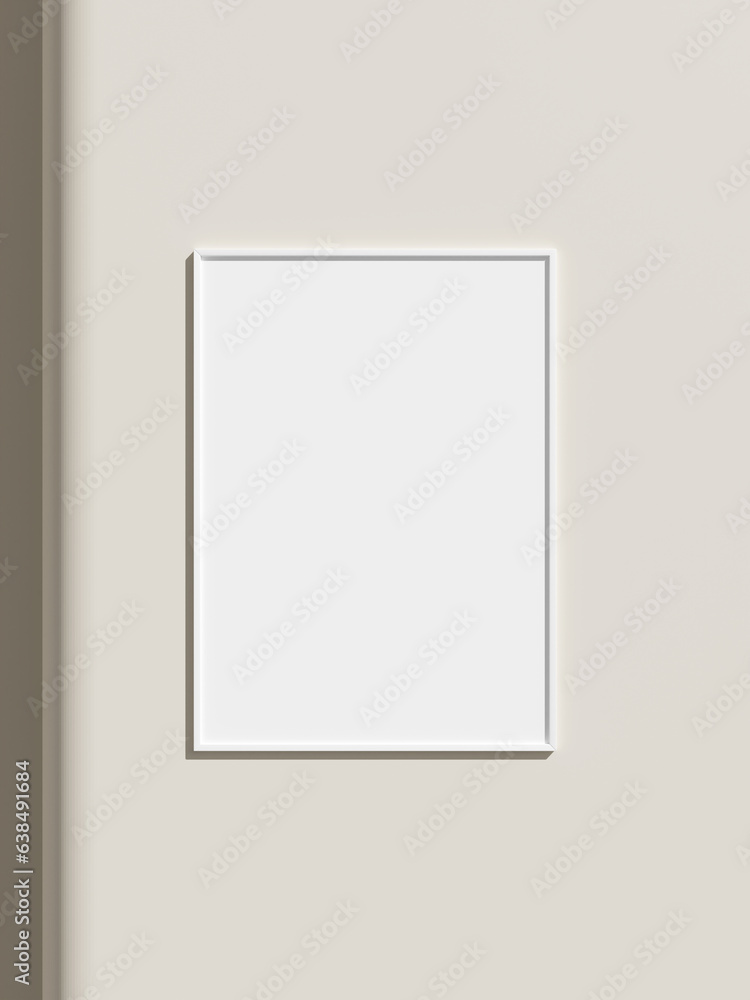 Thin rectangular frame hanging on a white textured wall mockup. Thin rectangular frame hanging on a white textured wall mockup.