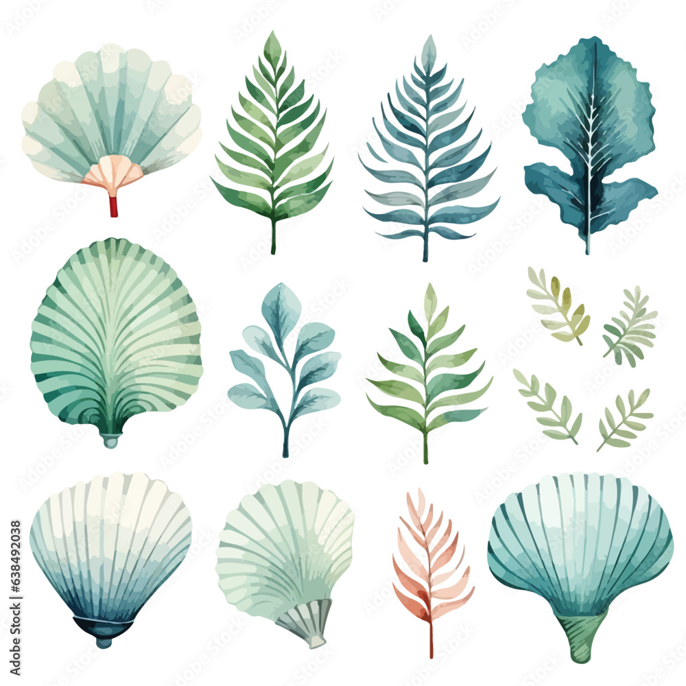 Obraz premium Set of a beach, seaside foliage, sea shells, watercolor vector art