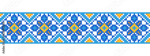 Ukrainian embroidery pattern for textile, fabric, cloth. Vector seamless pattern, print. Ukrainian folk embroidery, ethnic ornament in yellow and blue colors. Pixel art, vyshyvanka, cross stitch