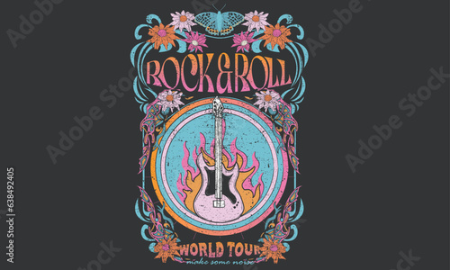 Guitar and flower. Music tour poster artwork. Guitar t-shirt design. Rock and roll vector graphic print design for apparel, stickers, posters, background and others. Butterfly music poster.