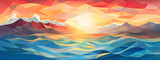 Landscape with mountains and sea or ocean sunset in soft cubism style 