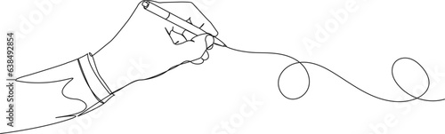 continuous single line drawing of hand holding ballpoint pen drawing a line, line art vector illustration