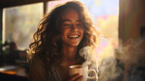 Morning Warmth: Smiling Woman Drinking Coffee with Heart Steam