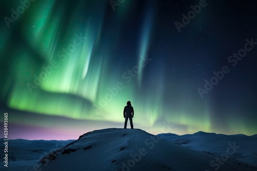  Young man standing on top of mountain staring at northern lights,. Generative AI