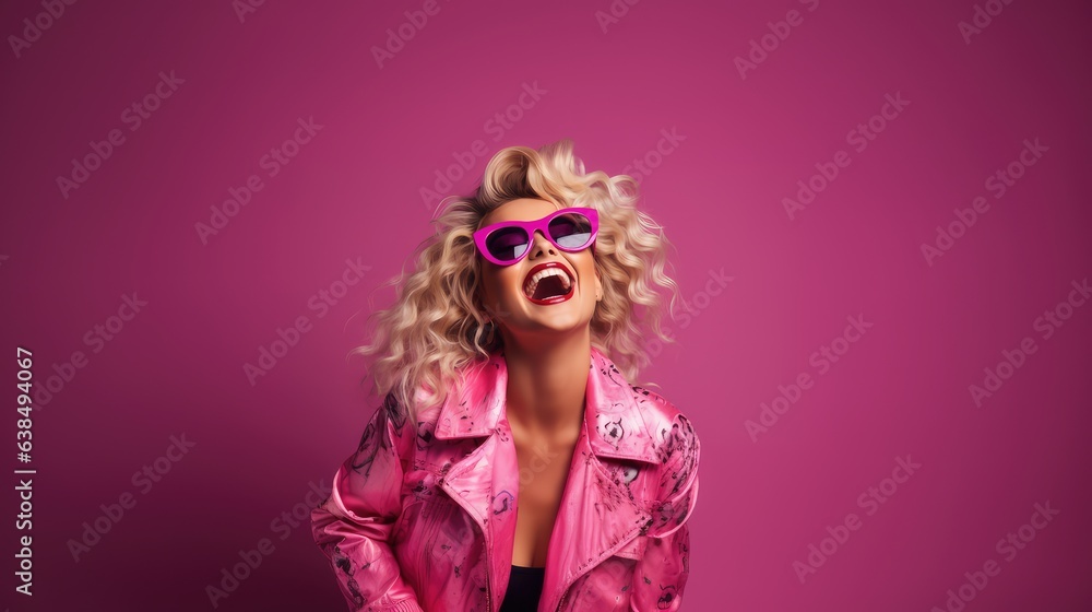 Blond young happy and funny woman laughing wearing 80s fashion in Stylish woman posing as supermodel on pink studio background, Generative AI Blond young happy and funny woman laughing wearing 80s fashion in Stylish woman posing as supermodel on pink studio background, Generative AI