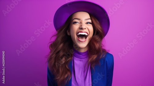 cheerful and funny happy woman in vivid shine violet background, Generative AI