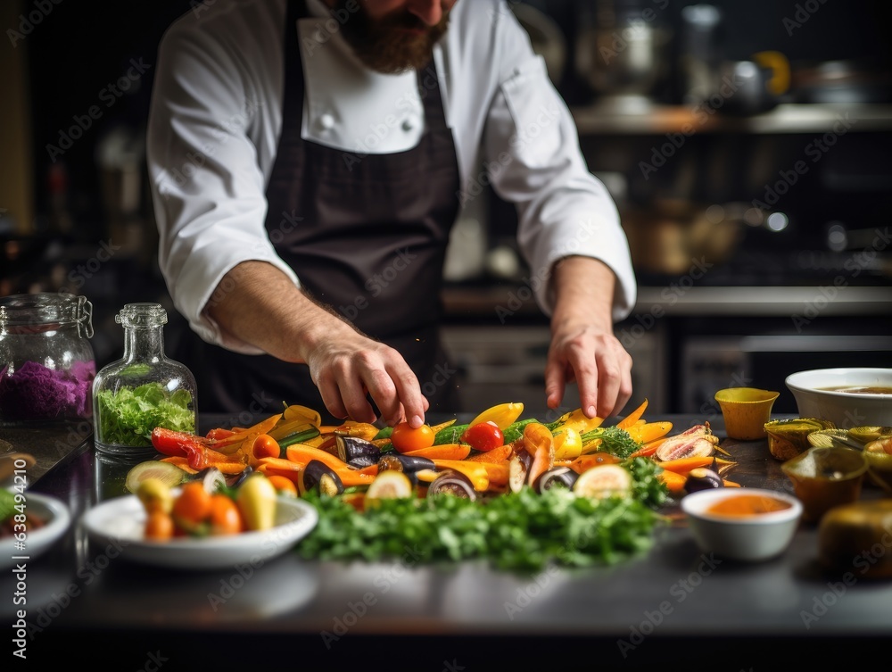 A dedicated chef meticulously prepares seasonal dishes; an array of fresh ingredients lays before him, while the soft-focus backdrop reveals the hum of a busy kitchen.