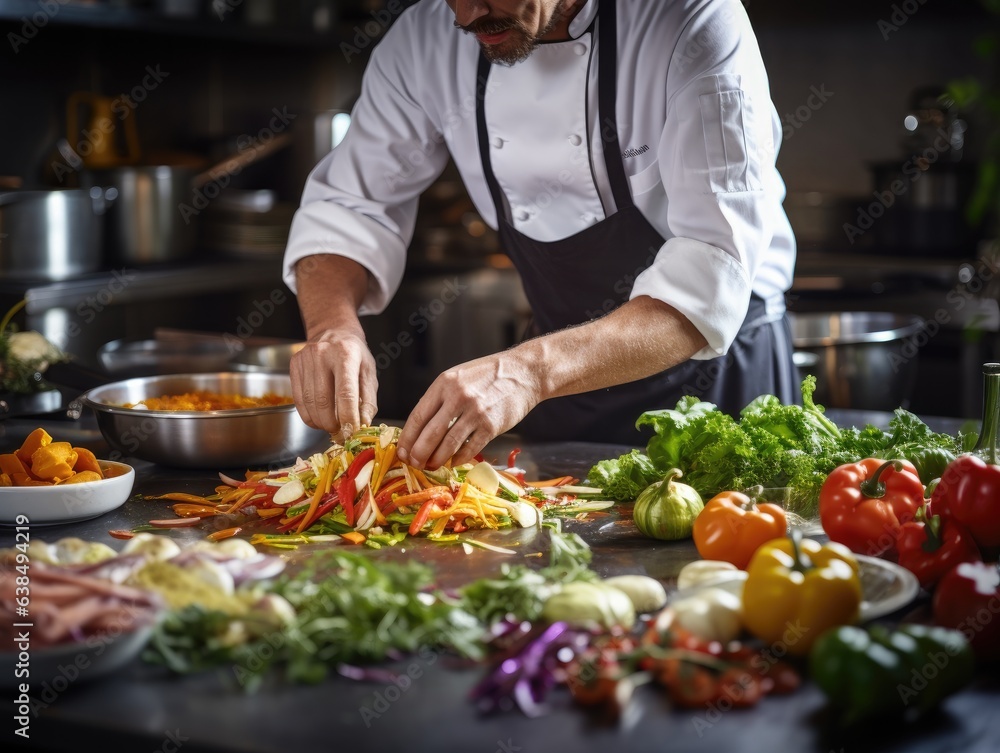 A dedicated chef meticulously prepares seasonal dishes; an array of fresh ingredients lays before him, while the soft-focus backdrop reveals the hum of a busy kitchen.