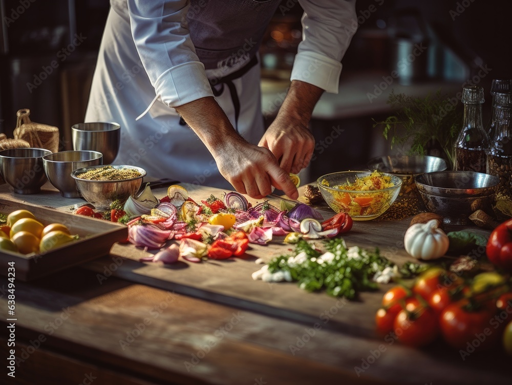 A dedicated chef meticulously prepares seasonal dishes; an array of fresh ingredients lays before him, while the soft-focus backdrop reveals the hum of a busy kitchen.