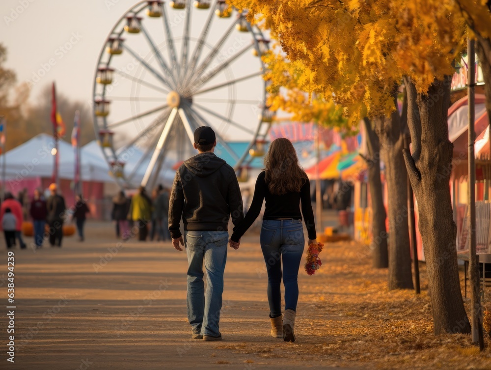 A couple shares a moment at a fall county fair; behind them, a towering Ferris wheel reaches for the sky, while various stalls blur softly into the background.