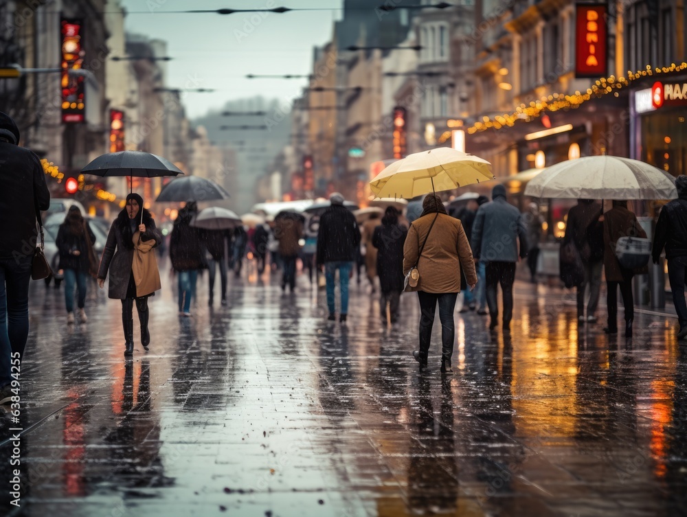 On a rain-soaked city street, pedestrians clutching umbrellas make their way, the distant traffic lights and vehicles blur into a soft-focus backdrop.